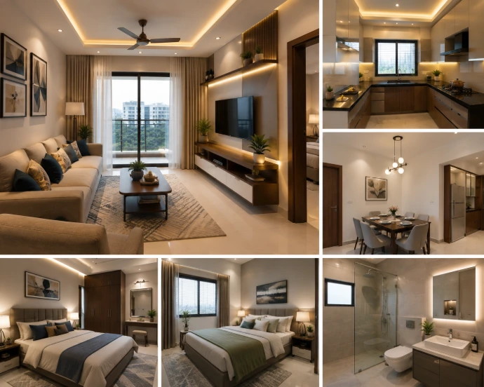 Fully furnished 2 BHK apartment interior living room, modular kitchen, and luxury bedroom in Bhubaneswar