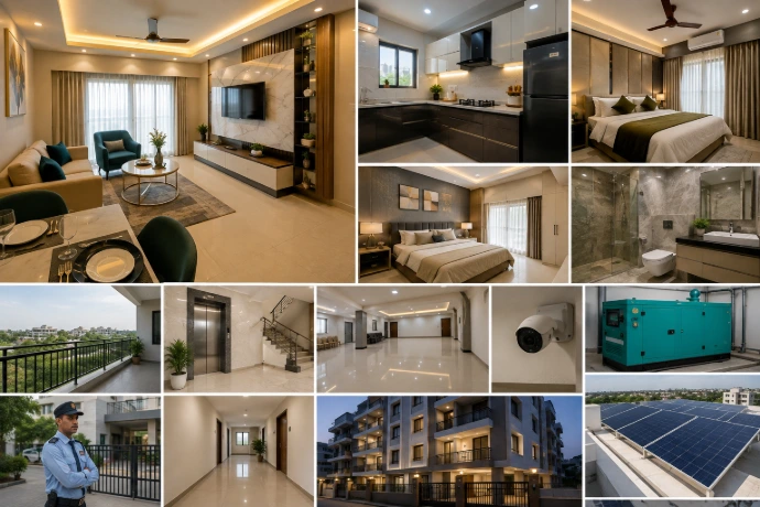 Modern 2 BHK flat amenities including modular kitchen, security CCTV, DG power backup, and solar panel grid